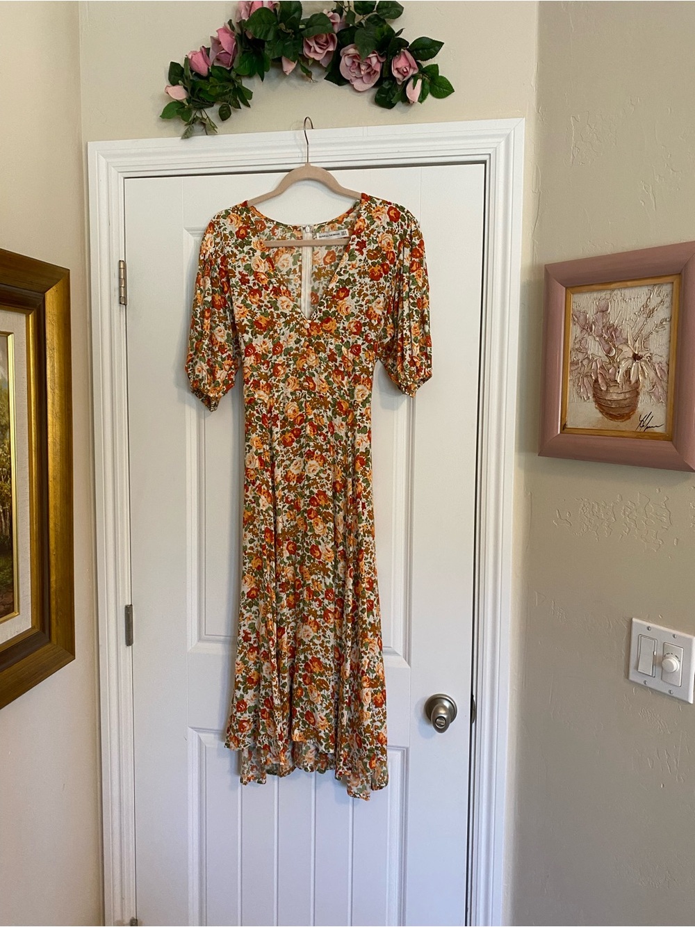 Faithfull the Brand Orange and Cream Floral Midi Dress
